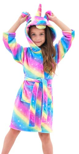 Ceruwum Einhorn Bademantel für Mädchen Weich Fleece Morgenmäntel mit Kapuze (Regenbogen, 4-5 Jahre)