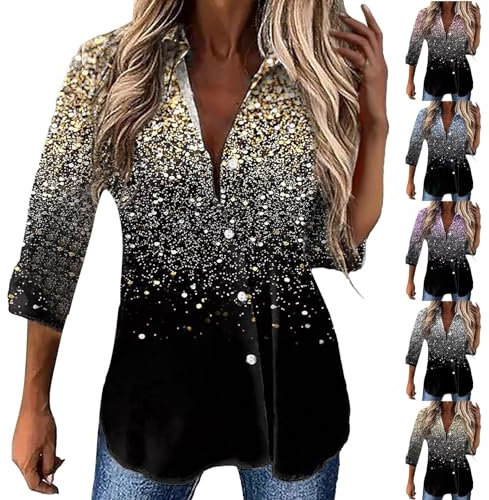 Nidddiv Damenblusen UK Glitzer 3D-Druck Shirts Große Größe 3/4 Länge Langarm V-Ausschnitt Revers T-Shirts Weich Lose Knopfleiste Damen Shirts T-Shirt Farbverlauf Sparkly Top Leichte Tunika Tops,