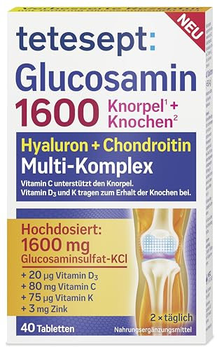 tetesept Glucosamin 1600 - Ergänzungspräparat mit Glucosamin und hochdosiertem Vitamin D3 & Vitamin C - für gesunde Knochen und Knorpel - 1 x 40 Tabletten (Nahrungsergänzungsmittel)