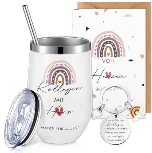 Blulu Abschiedsgeschenk für Kollegen 16 oz Edelstahl Thermosbecher Schlüsselanhänger Regenbogen Dankeskarte und Umschlag Kaffeebecher mit Deckel für Ruhestand Jobwechsel Weihnachtsgeschenke