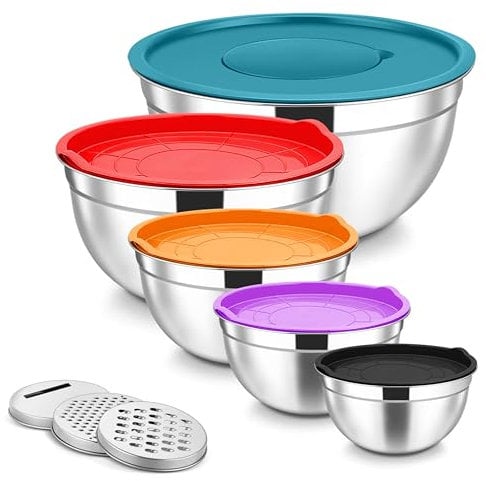 Onader Mixing Bowls Set of 5, Stainless Steel Metal Salad Bowl with Airtight Lids & 3 Graters, Perfect for Baking, Cooking, Prepping Serving, Easy Clean - 0.7/1.2/1.6/2.8/4.6QT (Multicolor)