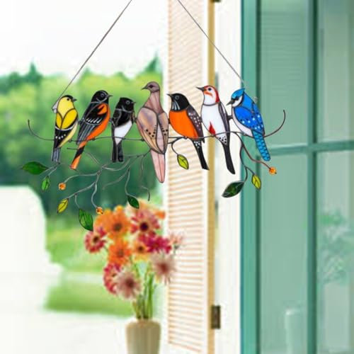 Fenster-hängende Vögel, bunte Vögel auf einem Draht, Buntglas, doppelseitige Glasscheibe, hängende Dekoration