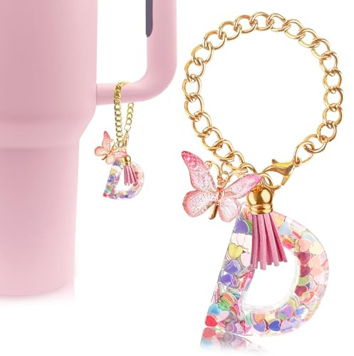 Velaco Letter Charm Accessories for Stanley Cup with Handle, Cute Initial Letter D Keychain Handle Charm with Butterfly for Stanley Tumbler for Women Girls
