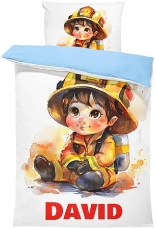 Pictogogo Feuerwehrmann-Design Kleinkindbettwäsche für Jungen, Personalisiert, Wählbare Baumwollunterfarbe (Weiß, Rosa, Blau, Grau), Oeko-TEX, 100 x 135 cm