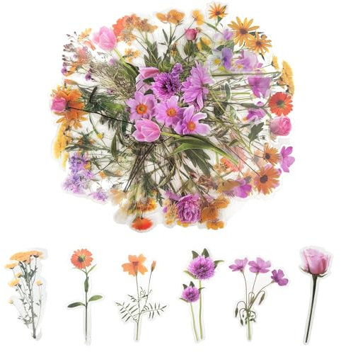 Lot de 80 autocollants de fleurs transparents faits à la main pour adultes pour fournitures de scrapbooking, cartes, ordinateurs portables, loisirs créatifs ((rose + vigueur)