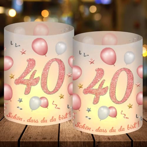 12 Windlicht Tischdeko 40 Geburtstag, Party Deko 40 Geburtstag Frau, Rosegold 40 Geburtstag Deko, Schön DASS Du Da Bist, Geeignet für Teelichter oder Kerzen, Happy Birthday Tischdeko