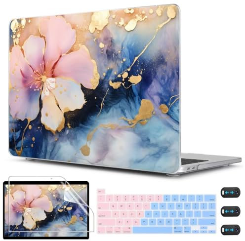 CISSOOK Compatible with MacBook Pro 13 inch Case M2 M1 A2338 A2251 A2289 2025-2020, Plastic Hard Shell Case & Keyboard Cover & Screen Film for MacBook Pro 13-inch with Touch Bar, Marble Flower