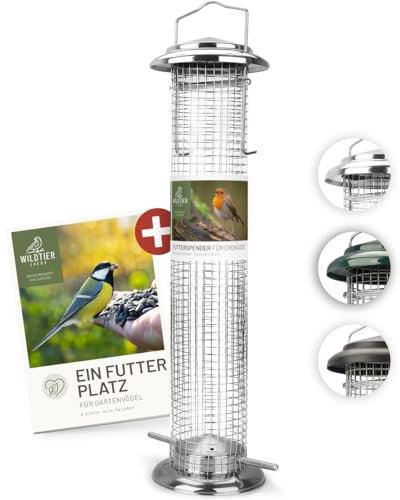 wildtier liebe Vogelfuttersäule Edelstahl 38cm, Silber - Erdnussfutterspender aus rostfreiem Edelstahl, Vogel Futterstation, Futtersäule, Nüsse Erdnüsse, Wildvögel Futtersilo