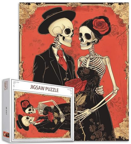 Tucocoo 1000 Piece Jigsaw Puzzles for Adults Skeleton Couple Painting Puzzle Skeletal Rose Flower Art 1000 Pieces Puzzles for Challenging Family Activity Game Colorful DIY Puzzle Wall Decor Gifts