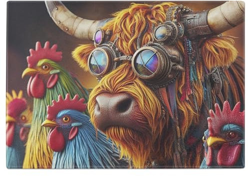 Steam Punk Highland Cow & Chickens Funny Tempered Glass Chopping Board - Large