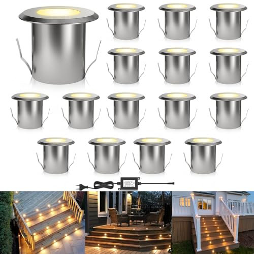 DarisingSun 16er LED Deckenstrahler Einbauleuchte, Ø39mm 0,5W Terrassen Einbaustrahler Aussen 12V IP67 Wasserdicht Aluminium Bodeneinbaustrahler für Küche Garten Weg Treppen Balkon Terrasse (warmweiß)