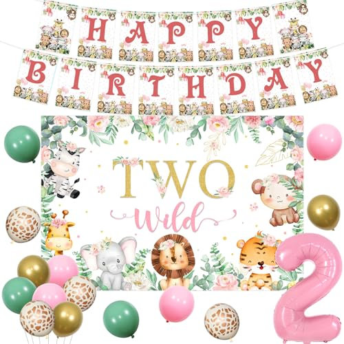 Jollyboom Two Wild Birthday Decorations Girl, Pink Safari Jungle Animal 2nd Party Decorations Backdrop Banner Sage Green Pink Gold Balloons Number 2 Foil Balloon for 2 Year Old Girl Birthday