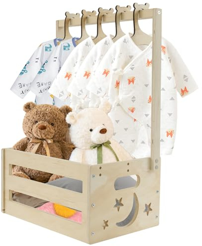 Wooden Baby Shower Crate Closet, Large Capacity Baby Storage Crate Hamper with Handle & 5 Hangers,Smooth Wood Basket for New Born Babies Shower New Parent Gifts
