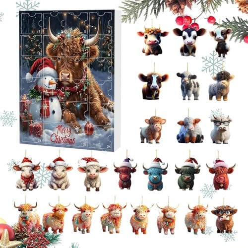Hochlandrind Adventskalender 2024, 24 Tagen Cartoon Kuh Adventskalender Mit Süßem 2D Acryl Hochlandrind Anhänger Weihnachts Countdown Kalender Für Erwachsene Und Kinder