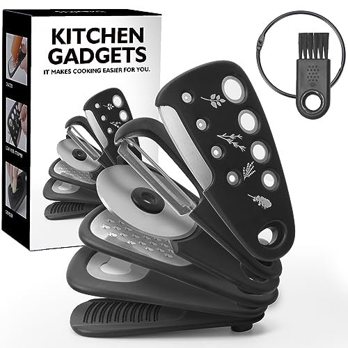 6Pcs Kitchen Gadgets Space Saving Kitchen Cooking Gadgets Accessories with Cheese Grater Bottle Opener Vegetable Peeler Pizza Cutter Garlic Grinder Herb Stripper for RV Camper Travel