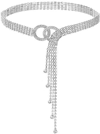 Strass Taillengürtel für Damen, 120CM Kristall Taillenkettengürtel Verstellbarer, Strass Kette Gürtel, einstellbar O-Ring Gürtel für Jeans Kleider, Silber