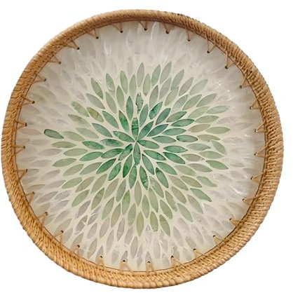 Tissting Rundes Rattan Tablett mit Perlmutt Inlay, Handgewebtes Dekoratives Perlmutte Rattan Serviertablett mit Holzboden, Boho Deko Tablett für Frühstück, Getränke, Snacks, Desserts, Früchten(Grün)
