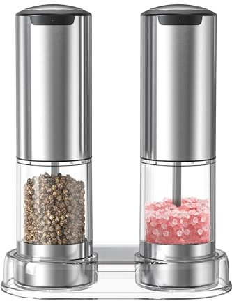Wiederaufladbares Elektrisches Salz und Pfeffermühlen Set mit Sockel, Gewürzmühlen aus Edelstahl mit 95ml Transparenter Behälter, Weißem LED-Licht und Einstellbare Rauheit