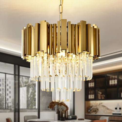AOOCHOK Lampadario moderno in cristallo oro a sospensione, piccola illuminazione a sospensione in cristallo per ingresso, corridoio, balcone, veranda, ristorante, apertura porta, E27 x 3, Φ40cm