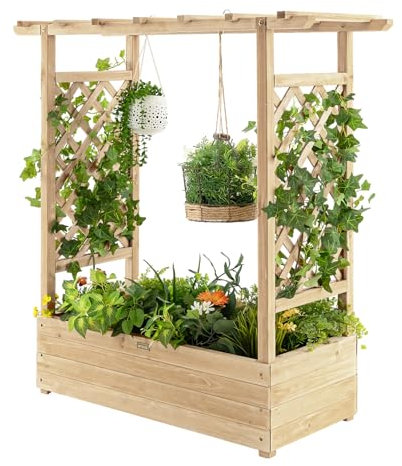 GOPLUS Jardiniere Treillis en Bois Stable avec Trou de Drainage pour Plantes Grimpantes, Fleurs, Jardiniere Balcon avec Barres de Toit pour Cour, Jardin, Interieur, 110 x 44 x 113,5CM (Naturel)