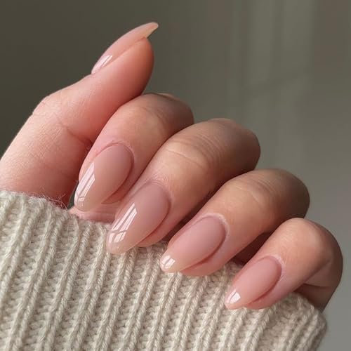 Short False Nails Set, 24Pcs French Press on Nails with Jelly Nail Glue, Full Cover Nude Gradient Stick on Nails, Removable Medium Long Fake Nails for Women Nail Art Accessories