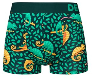 Dedoles Boxershorts Herren & Jungen Unterwäsche Trunks Baumwolle lustige Designs Dinosaurier Hamster Spiele Maulwurf Geschenk, Farbe: Grün, Motiv: Chamäleon auf der Jagd (Gekürzte Boxershorts), Gr. L