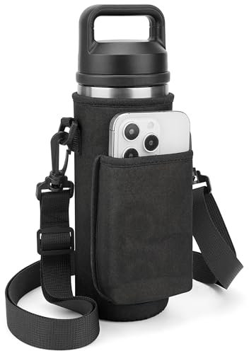 Linkidea Water Bottle Carrier with Strap Compatible with YETI Rambler Bottle 18oz, Yonder 600ml/20oz, Insulated Waterbottle Sling Bag Holder, Shoulder Strap with Phone Pocket (Black)