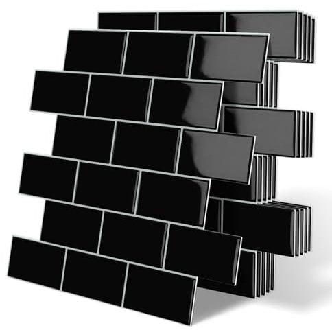 Tiwoos 10 Credence Adhesive Adhesif Mural pour Cuisine Autocollant Carrelage Salle de Bain,Noir (30.5x 30.5cm)