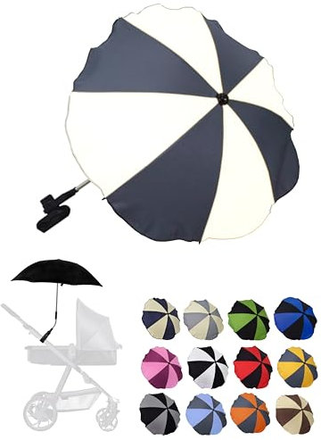BambiniWelt by Rafael K. Sonnenschutz universal [Sonnenschirm für Kinderwagen] Buggy UV Schutz 50+ mit Universalhalterung biegsamer Schirm für Rund- und Ovalrohre verstellbar (grau-weiß)