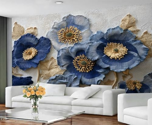 YXQAIED Wandtapete mit blauen und goldenen Blumen, Wandkunst, Heimdekoration, 200 x 140 cm, römische Reliefblumen, Fototapete für Wohnzimmer, Schlafzimmer, Jungenzimmer