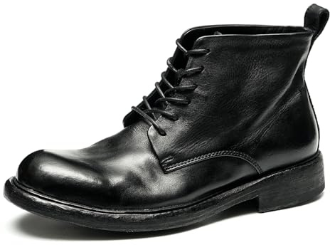Stivali Stringati Vintage di Vacchetta da Uomo Stivali Morbidi in Vera Pelle Fatti a Mano Scarpe High Top,Nero,42
