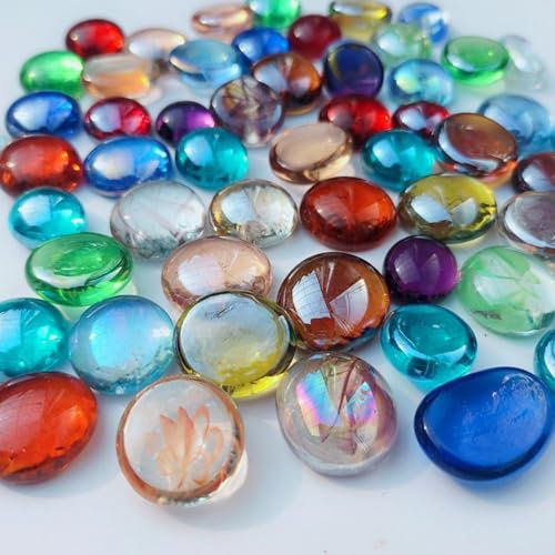 Tokaneit 150Pcs Billes Plates, Galets de Verre Ornementaux, Galets de Verre, Cabochons en Verre Colorés pour L'aménagement Paysager des Aquariums, pour L'aménagement Paysager des Aquariums,DIY