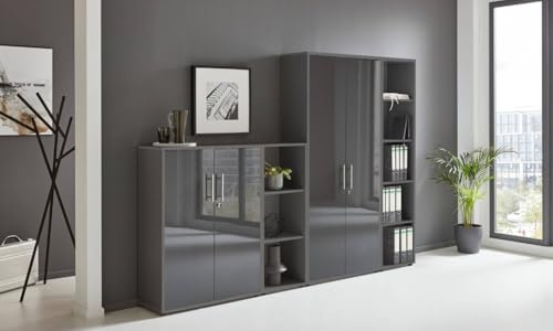 Aktenschrank TABOR 4 – Büroschrank abschließbar, Mehrzweckschrank für Büro, Ordnerschrank mit viel Stauraum, Korpus anthrazit Front anthrazit Hochglanz