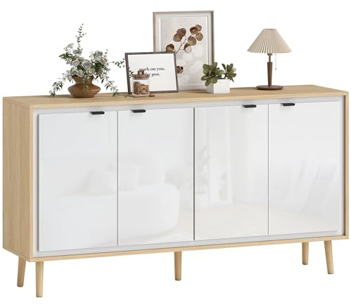 HOMCOM Buffet à Haute Brillance, Meuble de Rangement avec 4 Portes, étagères réglables, Pieds en Bois, Style Moderne, Buffet Salle à Manger, Cuisine et Salon, 141 x 35 x 77 cm, Blanc et chêne
