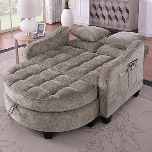 A ALFRESCOOL Sofa mit Schlaffunktion, Sofa Klein, Chaiselongue, 2-in-1 Schlafsofa, Aufbewahrungs-Hocker & 4 Kisse, für Kleine Wohnzimmer, Studienzimmer, Schlafzimmer, 132×129×93cm (Braun)