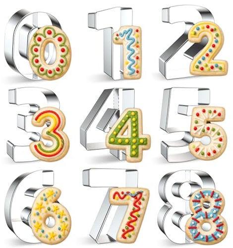 GeekLeaf 9PCS Number Cookie Cutters Set, Birthday Numbers 0-8(6 Reverses to 9), Stainless Steel Cookie Cutters for Baking, Number Shaped Baking Tool for Homemaking Biscuits, Cookie, Dough