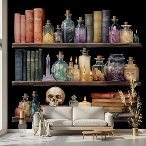 Kioldoq Bibliothek Skelett Tapete 400 x 280 cm, Bücher Skull Selbstklebende Tapete, Bücherregal Fototapete Wand 3d Effekt Dekoration, Motivtapeten Schlafzimmer Wohnzimmer