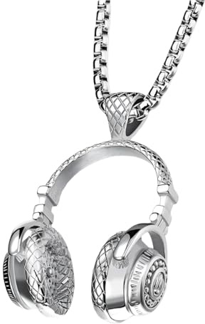 925 Sterling Silber Rock and Roll Halskette für Damen Herren, Handgesten Halskette, Rap DJ Musik Kopfhörer Anhänger Spiked Choker, Punk Choker
