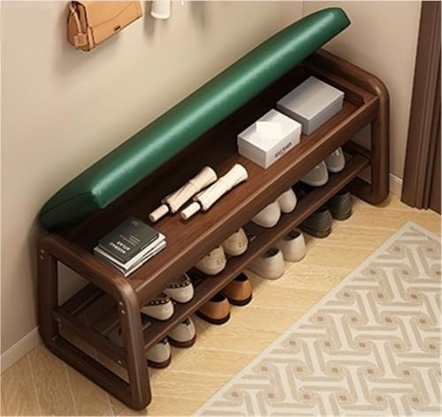 Farmhouse Eingangsbank mit Lederkissen & 2 Etagen Regal FlipOpen Aufbewahrungsbox für Wohnzimmer & Flur Langlebiges grünes Design (60 cm)