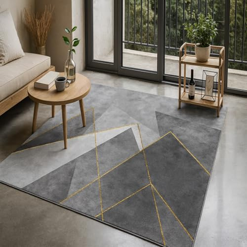 ARUGYTEI Teppich Schlafzimmer,110 x 180 cm, Modern Geometric Grau Gelb, Bettvorleger Jugendzimmer Dekorative Teppichläufer, Wohnzimmerteppich Waschbar,