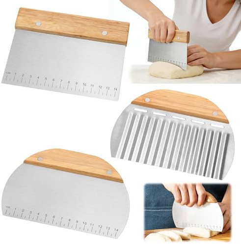 3 Stück Teigschaber Edelstahl, Teigschneider mit Messskala und Rutschfestem Holzgriff, Teigkarte, Spachtel Küche zum Portionieren, Schneiden für Pizza, Brot, Kuchen, Backutensilien