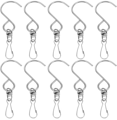 TIDTALEO 10pcs Stainless Steel S-Shaped Rotating Hanging Ring Hooks 360 Degree Swivel Secure Design Versatile Usage Silver Outdoor Indoor Wind Spinner Hooks for Wind Chimes and Small