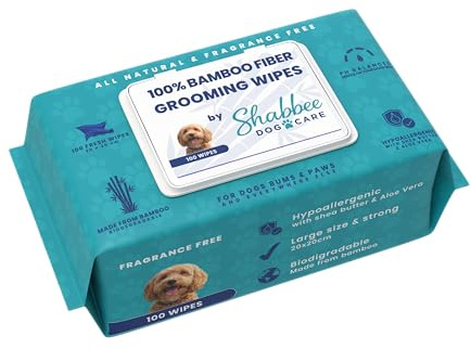 SHABBEE Dog Grooming Wipes 100 Pack – Bamboo Fibre Pet Wipes, Biodegradable & Plastic-Free with Shea Butter & Aloe Vera, Deodorising & Freshening Wipes for Paws, Bums & Dogs