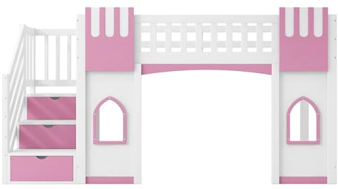 Azkoeesy Letto a Soppalco per Bambini in Legno di Pino, 90x200 cm, con Scala Salvaspazio e Finestre, Stile Castello (rosa)