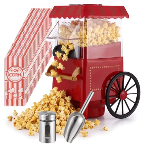 Máquina de palomitas de maíz, máquina de palomitas de maíz de aire caliente con cuchara, coctelera de condimentos y 30 bolsas, 9.4 x 7.1 x 15.7 pulgadas, kit portátil de palomitas de maíz retro para