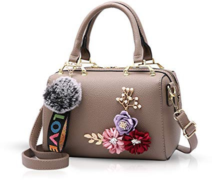 NICOLE & DORIS Damen Handtaschen Klein Umhängetasche Blumen Henkeltasche Floral Handtaschen Schultertasche mit Pompom Anhänger Crossbody Bag Designer Tasche Khaki