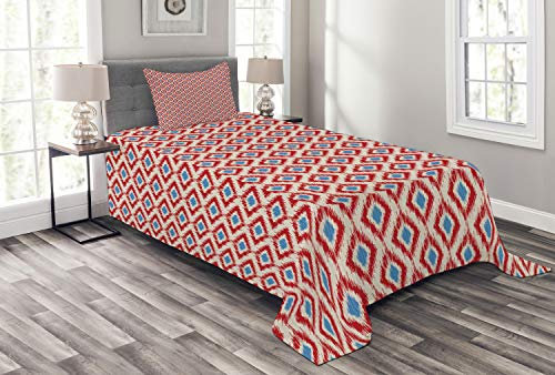 ABAKUHAUS Ikat Tagesdecke Set, Traditionelle Diamantlinie, Set mit Kissenbezügen Sommerdecke, für Einzelbetten 170 x 220 cm, Beige Blau Rot