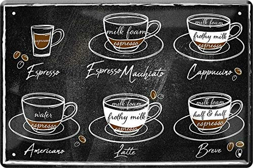 WOGEKA ART Retro Blechschild - Kaffee Sorten - Espresso Cappuccino - witziger Spruch als Geschenk-Idee zum Geburtstag Weihnachten zur Dekoration 20x30 cm Vintage-Design Metall 687