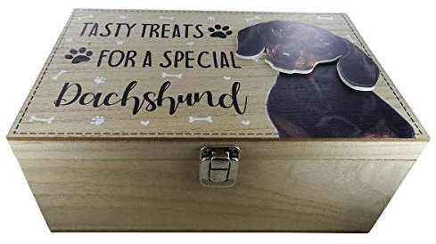 Dog Breeds Treats Box Food Storage Container Holder Biscuits Barrel Wood Box 20 Dog Breeds Available (Dachshund)