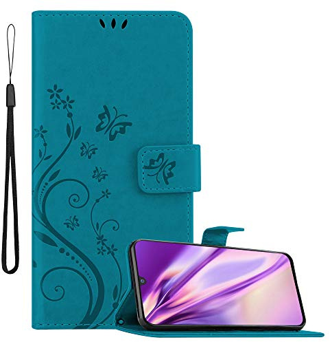 Cadorabo Hülle kompatibel mit Samsung Galaxy M30 / A40s Blumen Design aus Kunst Leder Flip Klappbare Magnetische [Standfunktion] [Kartenfächern] Cover Hülle für Galaxy M30 / A40s Tasche in Blau